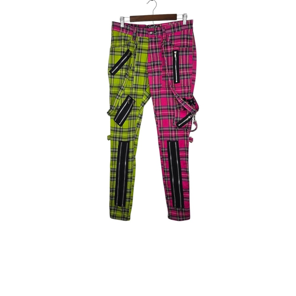 Tripp NYC Plaid Pants Women 32 Pink Green Split Madness Plaid Zipper Punk Grunge